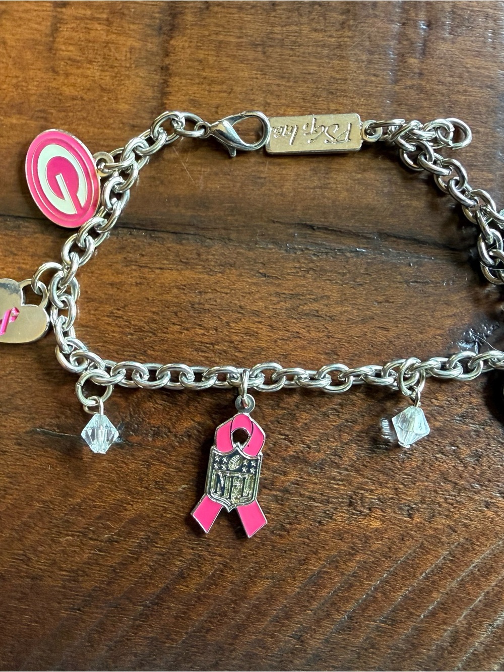 Green Bay Packers Pink Ribbon Charm Bracelet - Silver Chain
